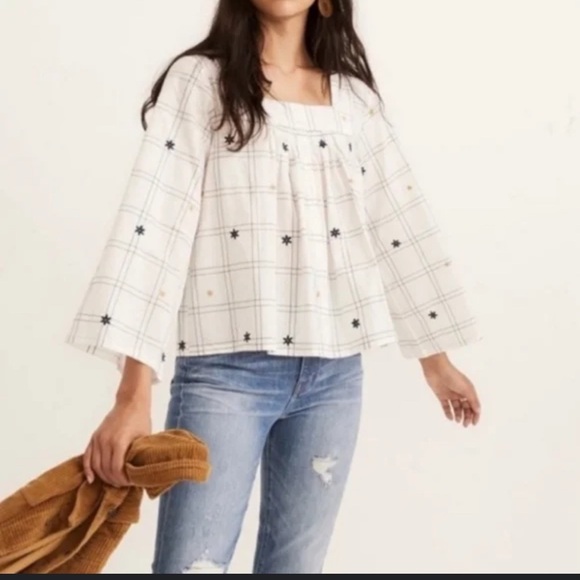 Madewell Embroidered Windowpane Square-Neck Top - Picture 1 of 12